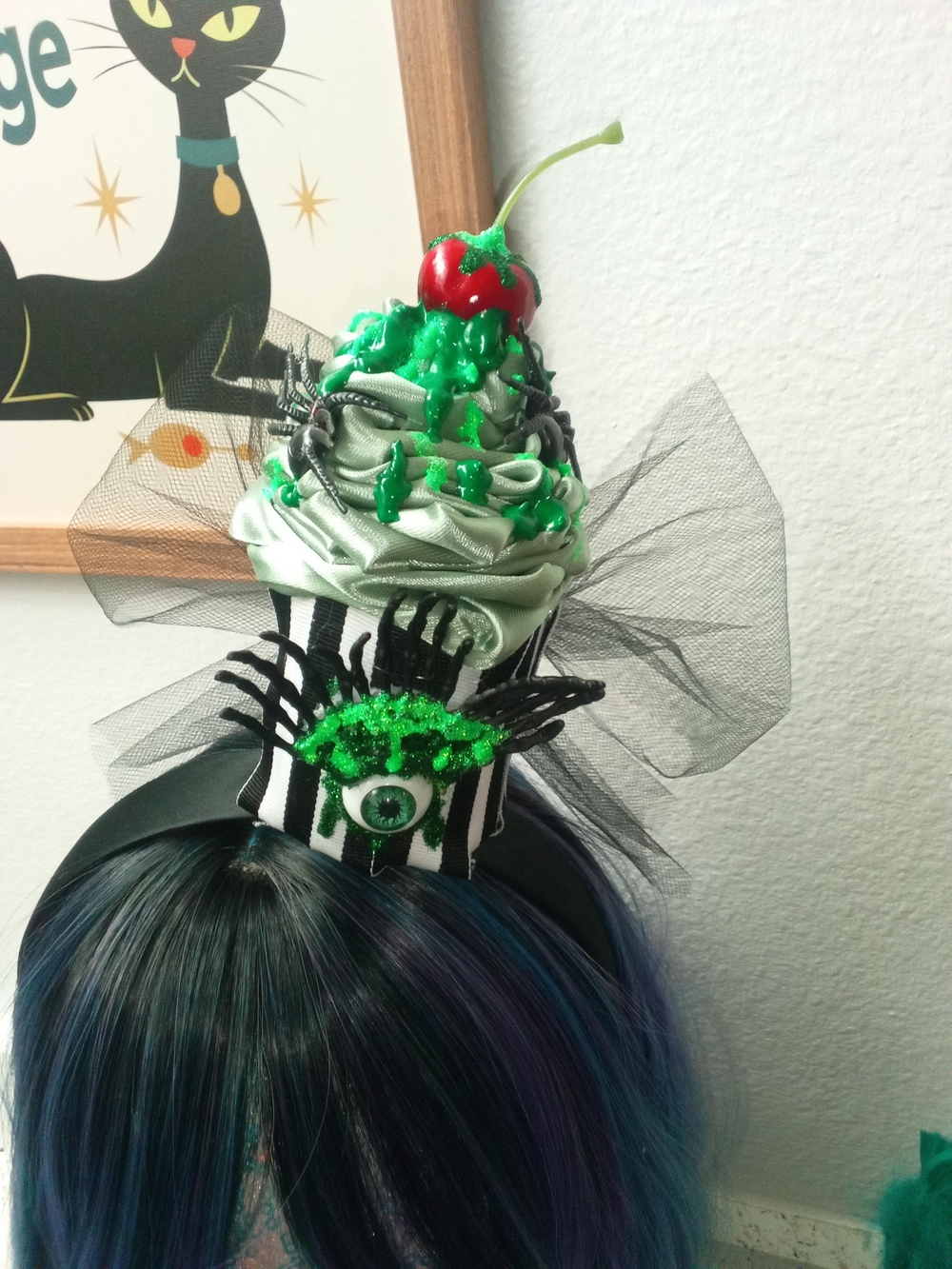Handmade Black & Green Cupcake Mini Top Hat Headband - Party Accessory